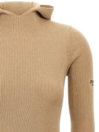 Fendi Long Sleeve Hooded Wool Silk Short Dress Beige