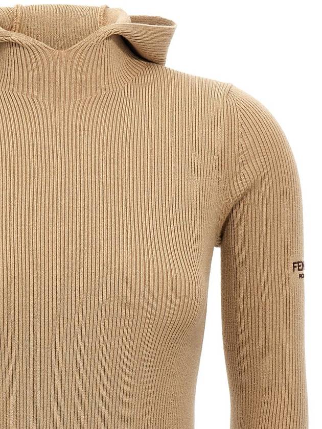 Fendi Long Sleeve Hooded Wool Silk Short Dress Beige