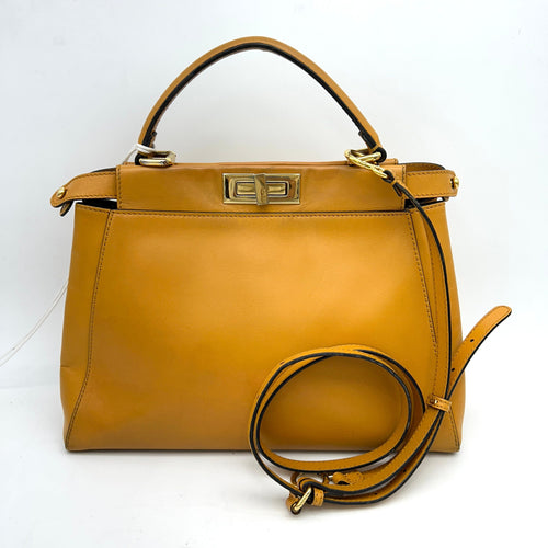 FENDI Vitello Zucca Medium Peekaboo Iconic Satchel Yellow Tobacco LA19541