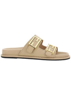 Fendi Women's FF Leather Fill Flat Sandals Slippers Beige