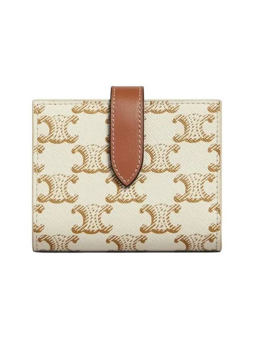 CELINE Triomphe Canvas Lambskin Small Strap Half Wallet White Tan