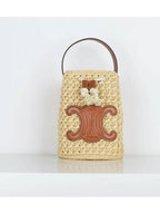 CELINE Teen Drawstring Raffia Calfskin Bucket Bag Natural Tan