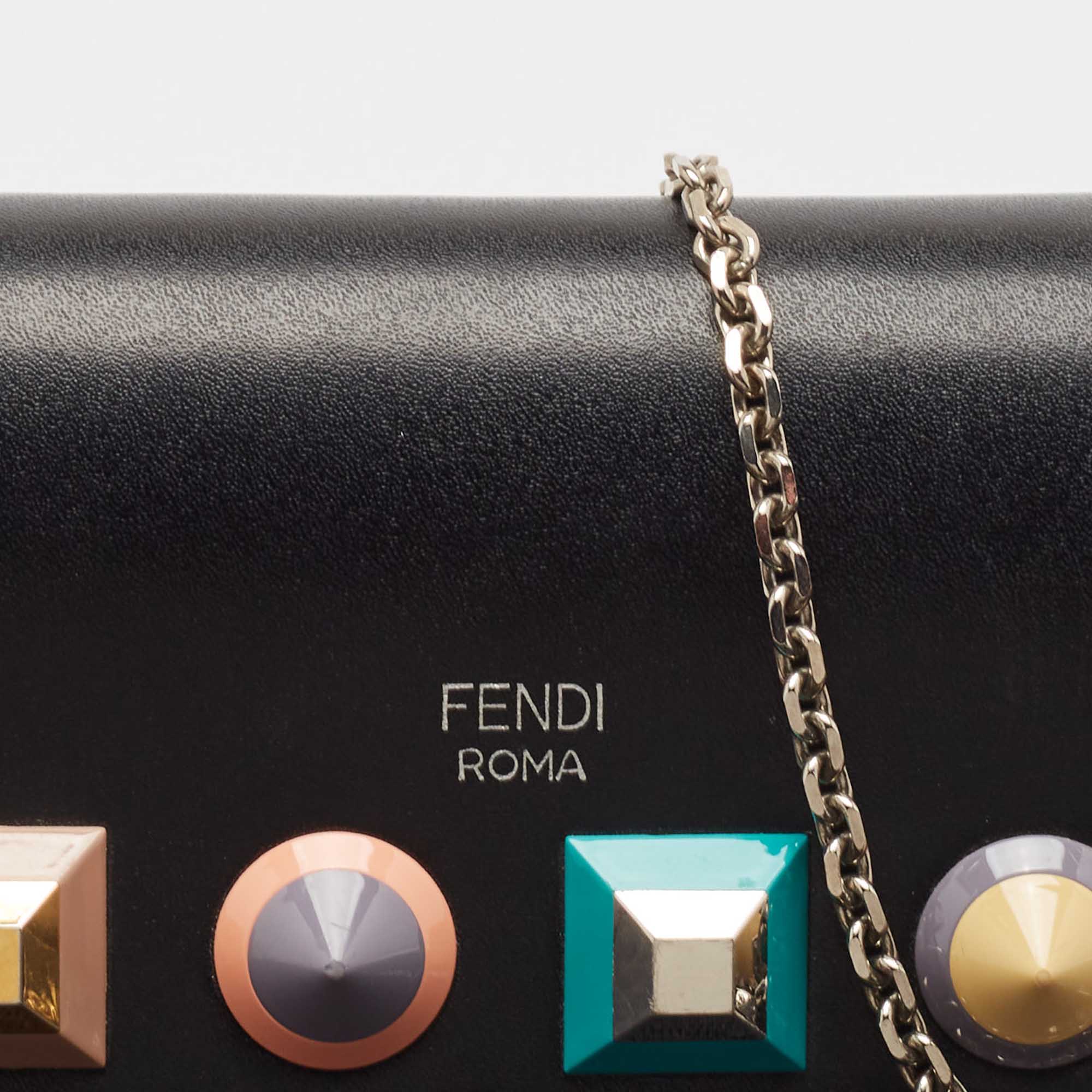 Fendi Black Leather Rainbow Stud Flap Wallet On Chain