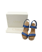 Chloe High Heel Wedge Sandals in Blue Leather