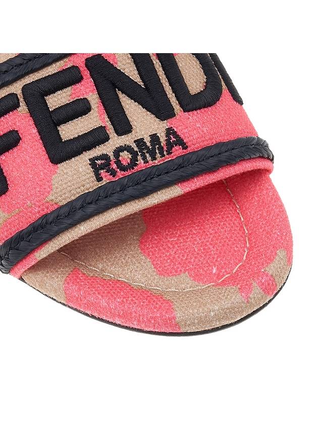 Fendi Rose Print Embroidered Logo Canvas Slide Slippers Pink