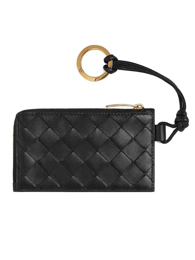 Bottega Veneta Intrecciato L Zip Leather Card Wallet Black