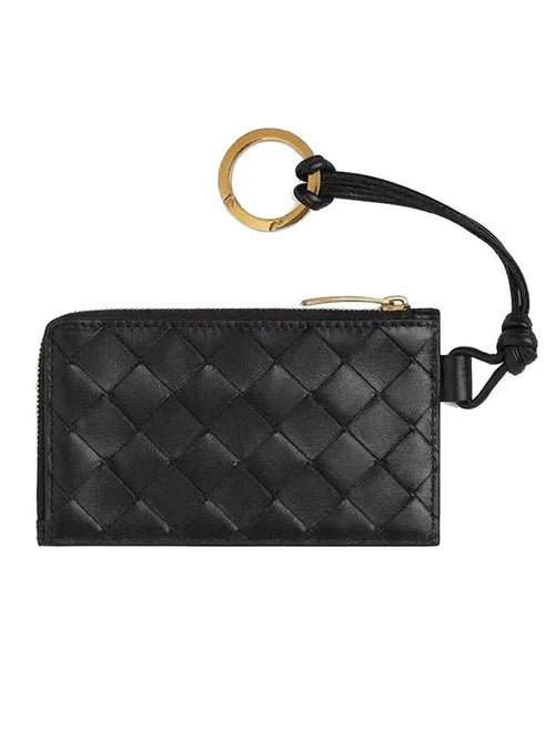 Bottega Veneta Intrecciato L Zip Leather Card Wallet Black