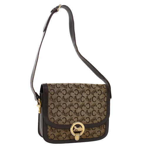 CELINE C Macadam Canvas Horse Carriage Shoulder Bag Beige Dark Brown  48460