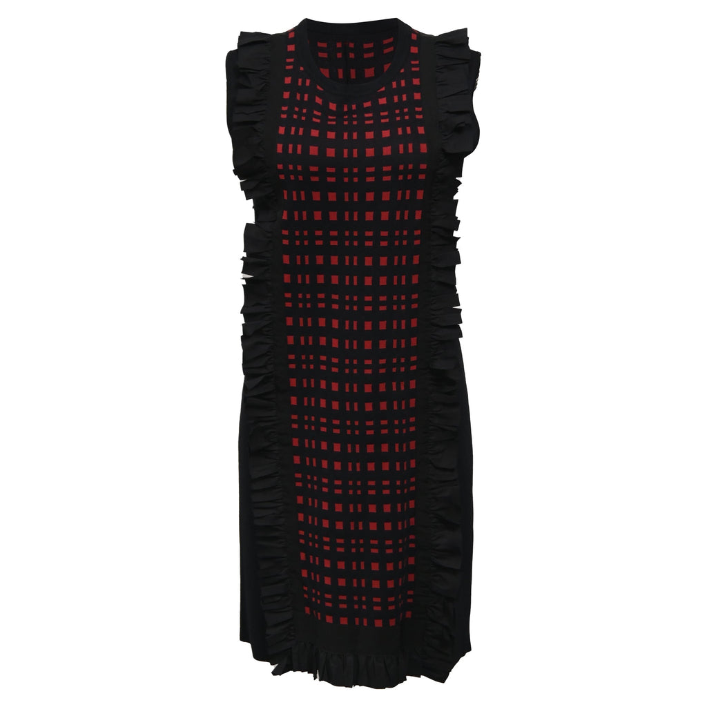 Fendi Checkered Ruffle Detail Mini Dress in Black and Red Viscose