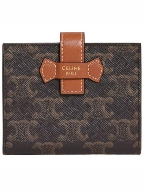 CELINE Triomphe Canvas Lambskin Small Strap Half Wallet Tan