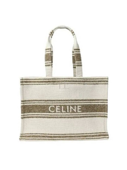 CELINE Striped Textile Logo Jacquard Large Cabas Thais Tote Bag Tobacco