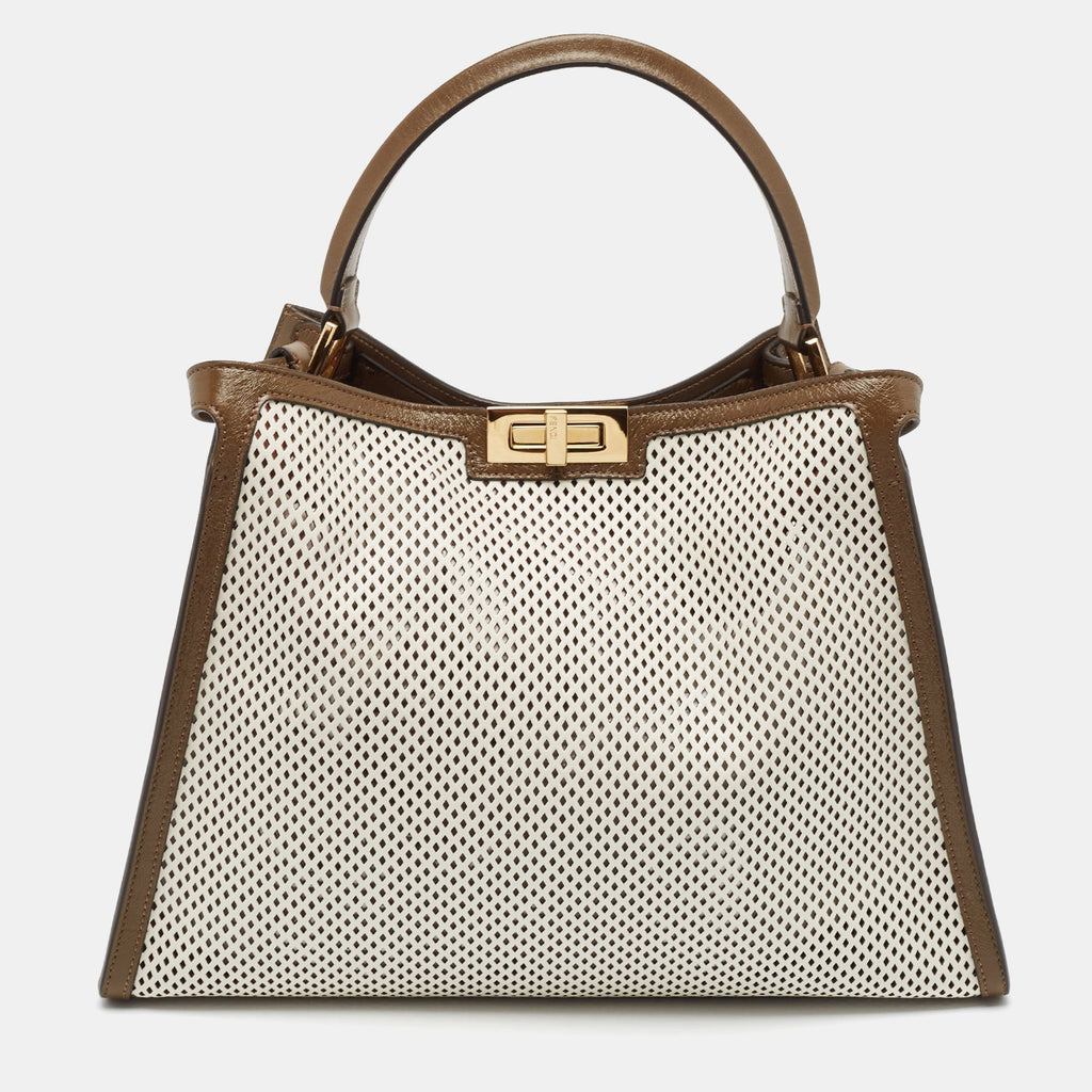 Fendi Khaki/white Perforated Leather Large X Lite Peekaboo Top Handle Bag
