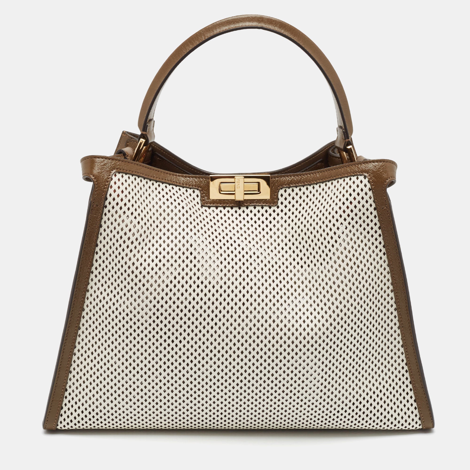 Fendi Khaki/white Perforated Leather Large X Lite Peekaboo Top Handle Bag