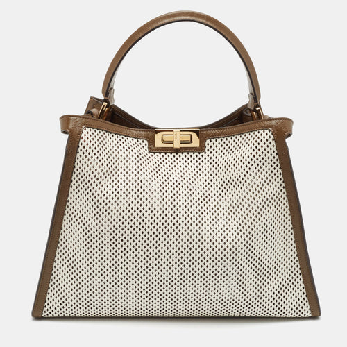 Fendi Khaki/white Perforated Leather Large X Lite Peekaboo Top Handle Bag