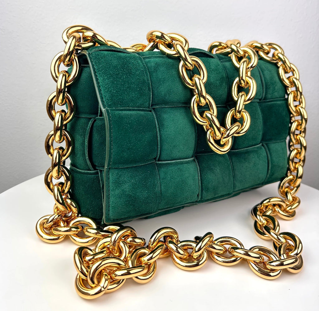 Bottega Veneta Chain Cassette Padded Suede Shoulder Bag Green