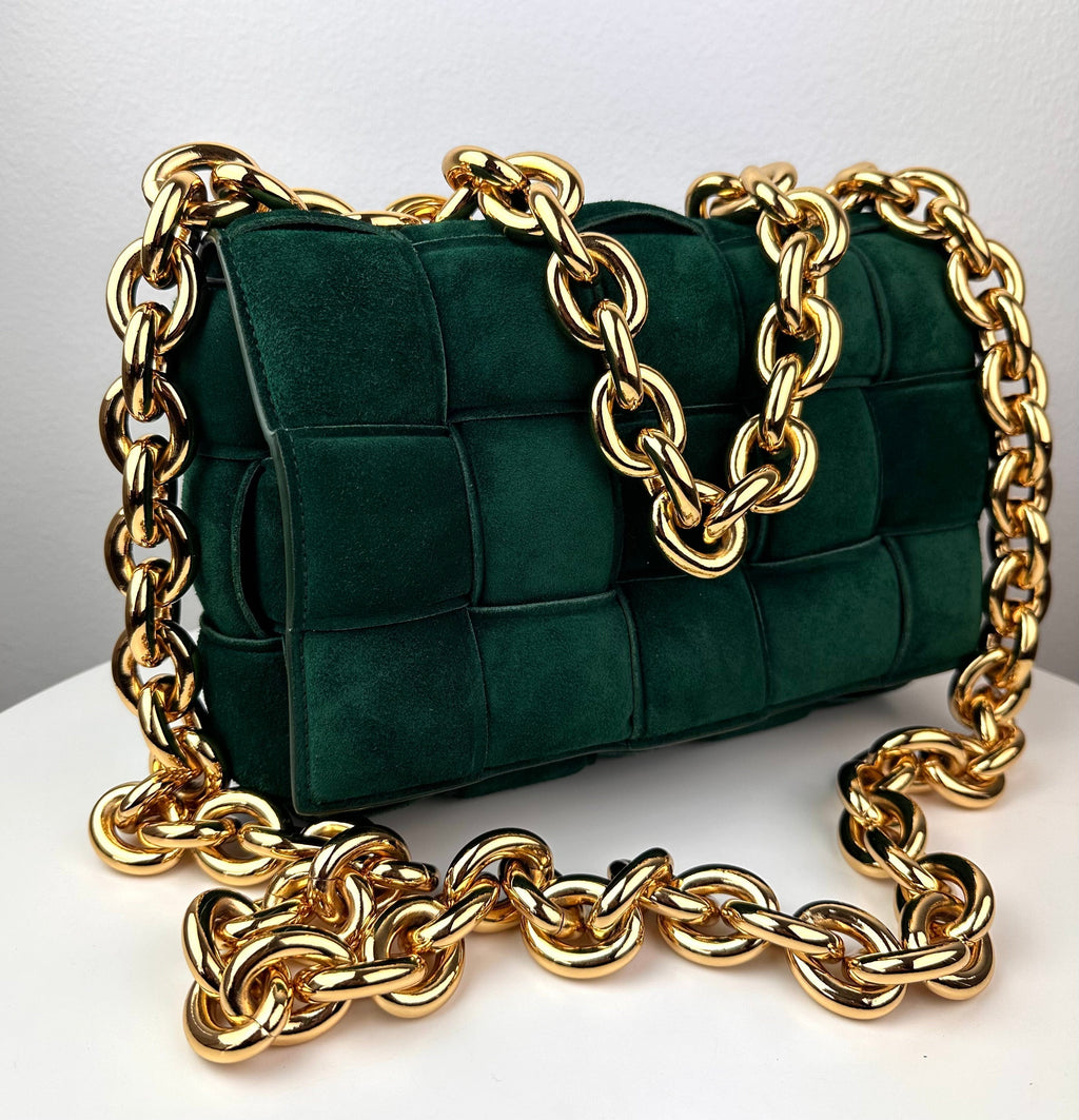 Bottega Veneta Chain Cassette Padded Suede Shoulder Bag Green