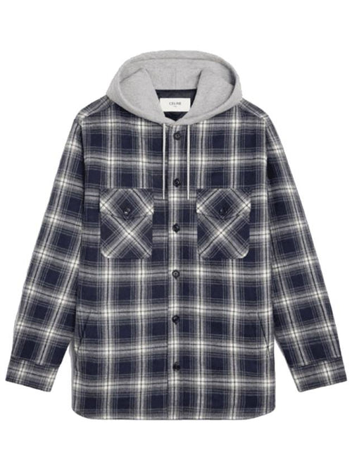 CELINE Check Cotton Hooded Oversized Shirt Jacket Navy