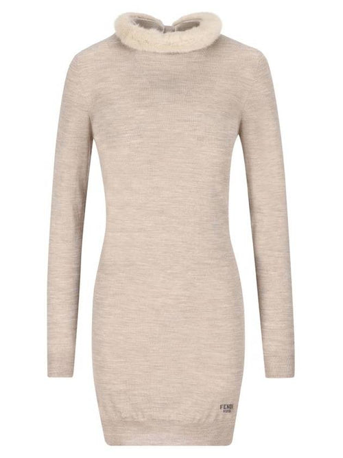 Fendi Ribbon Tie Silk Wool Short Dress Beige
