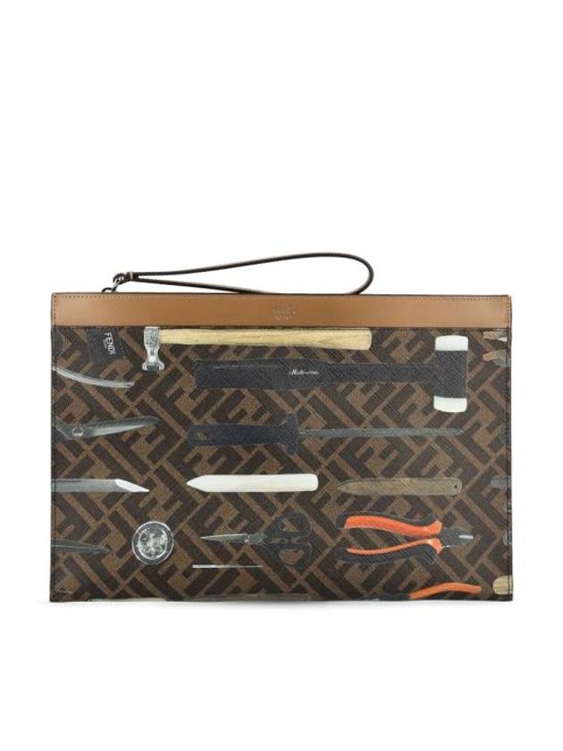 Fendi FF Logo Medium Flat Canvas Clutch Bag Brown