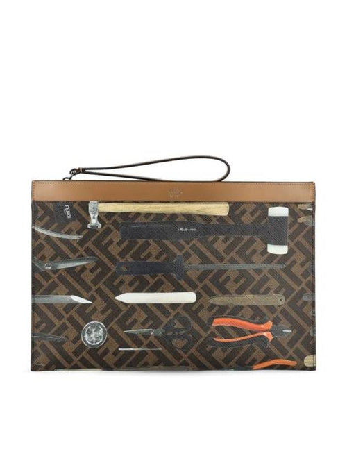 Fendi FF Logo Medium Flat Canvas Clutch Bag Brown
