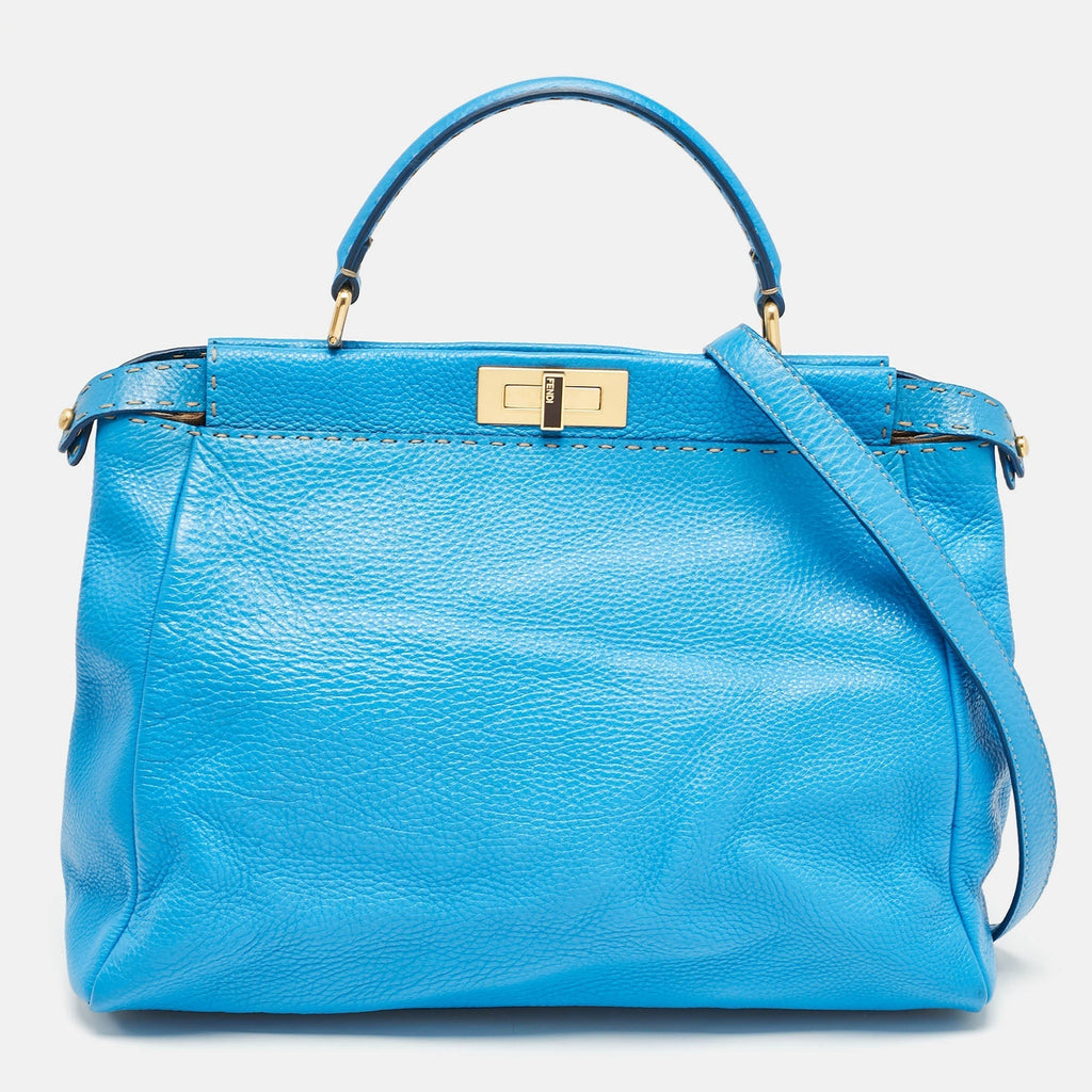 Fendi Blue Leather Large Peekaboo Top Handle Bag