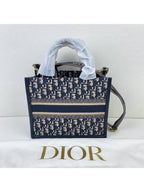 Small Book Oblique Embroidery Calf Skin Tote Blue Dior