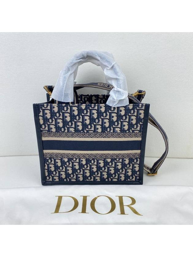 Small Book Oblique Embroidery Calf Skin Tote Blue Dior