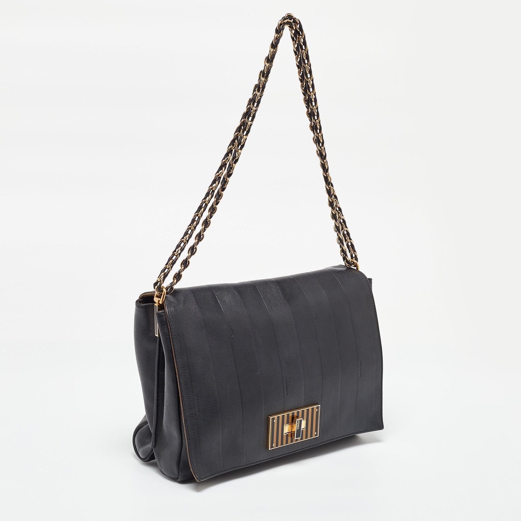 Fendi Black Stripe Embossed Leather Large Claudia Shoulder Bag