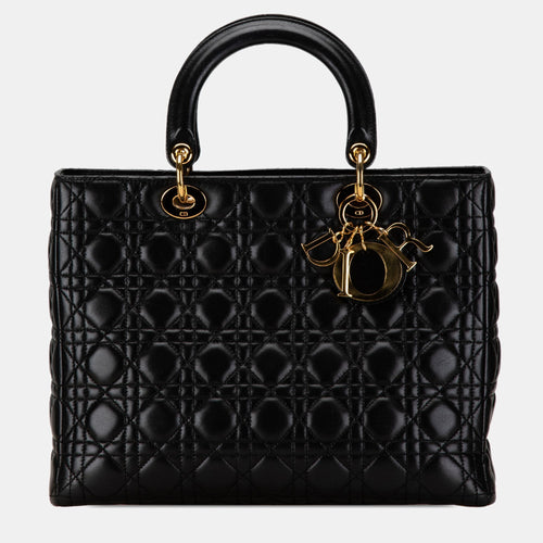 Dior Black Lambskin Leather Large Cannage Lady Tote Bag