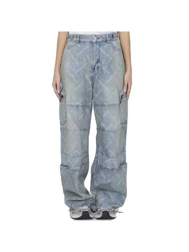 Balenciaga Bal Diagonal Allover Cargo Wide Jeans Blue