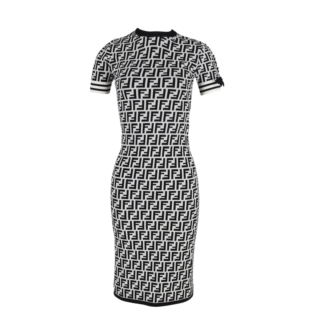 Fendi Zucca Printed Midi crewneck Fitted Dress in Black and White Viscose