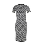 Fendi Zucca Printed Midi crewneck Fitted Dress in Black and White Viscose