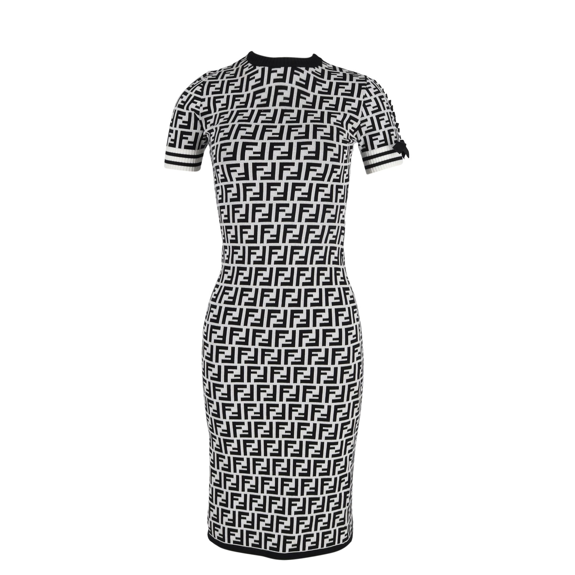 Fendi Zucca Printed Midi crewneck Fitted Dress in Black and White Viscose