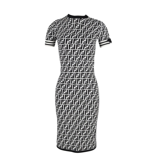 Fendi Zucca Printed Midi crewneck Fitted Dress in Black and White Viscose