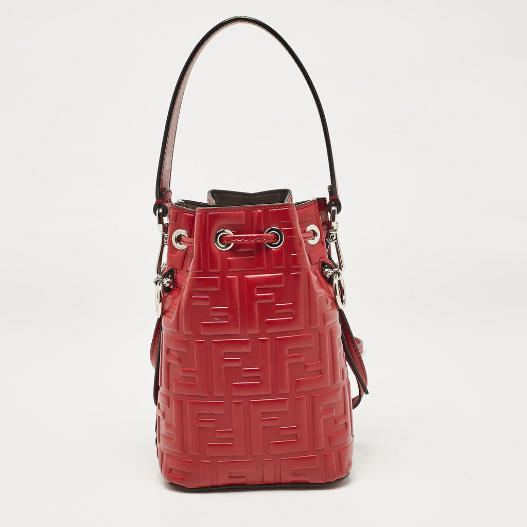 Fendi Red Zucca Leather Mini Mon Tresor Drawstring Bucket Bag