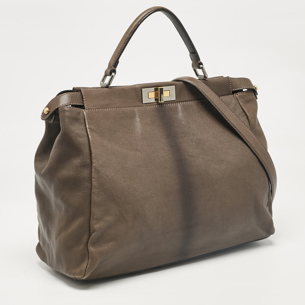 Fendi Grey Leather Large Peekaboo Top Handle Bag