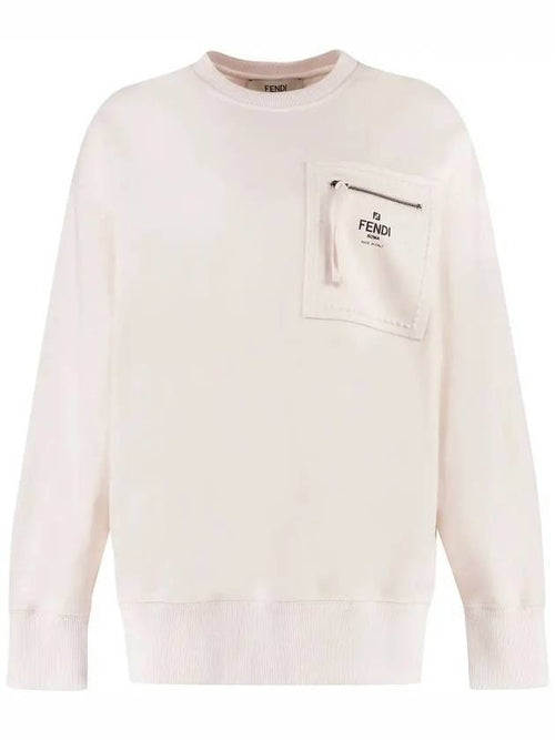 Fendi Women's Zipper Pocket Signature Logo Sweatshirt Cream