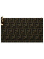 Fendi Flat Baguette Medium FF Jacquard Fabric Pouch Bag Brown