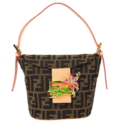 Fendi * Zucca Rhinestone Floral Handbag Brown