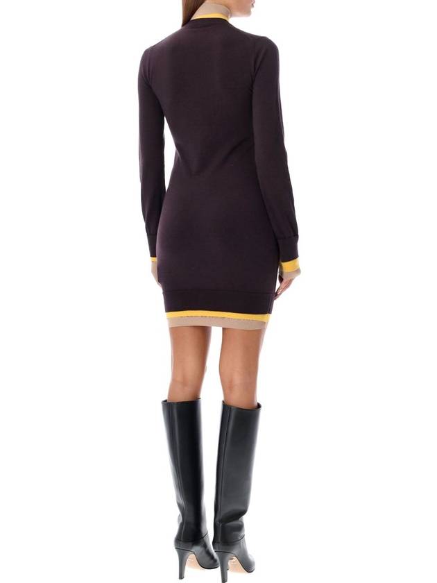 Fendi High Neck Wool Short Dress Dark Purple