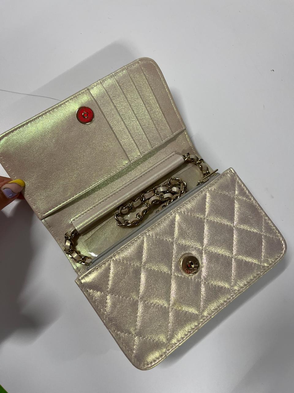 CHANEL - Ivory Iridescent Quilted Lambskin Mini Wallet on Chain