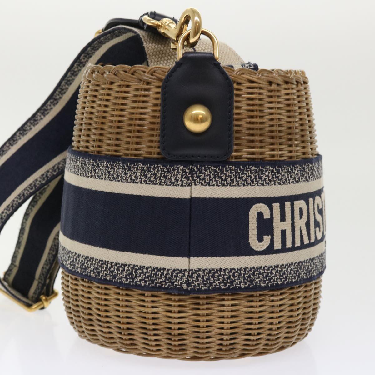 CHRISTIAN DIOR Basket Bag Trotter Canvas Shoulder Bag Rattan Blue Auth 51270A