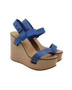 Chloe High Heel Wedge Sandals in Blue Leather