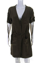 Chloe Womens Silk V Neck Short Sleeves Button Down Dress Khaki Green