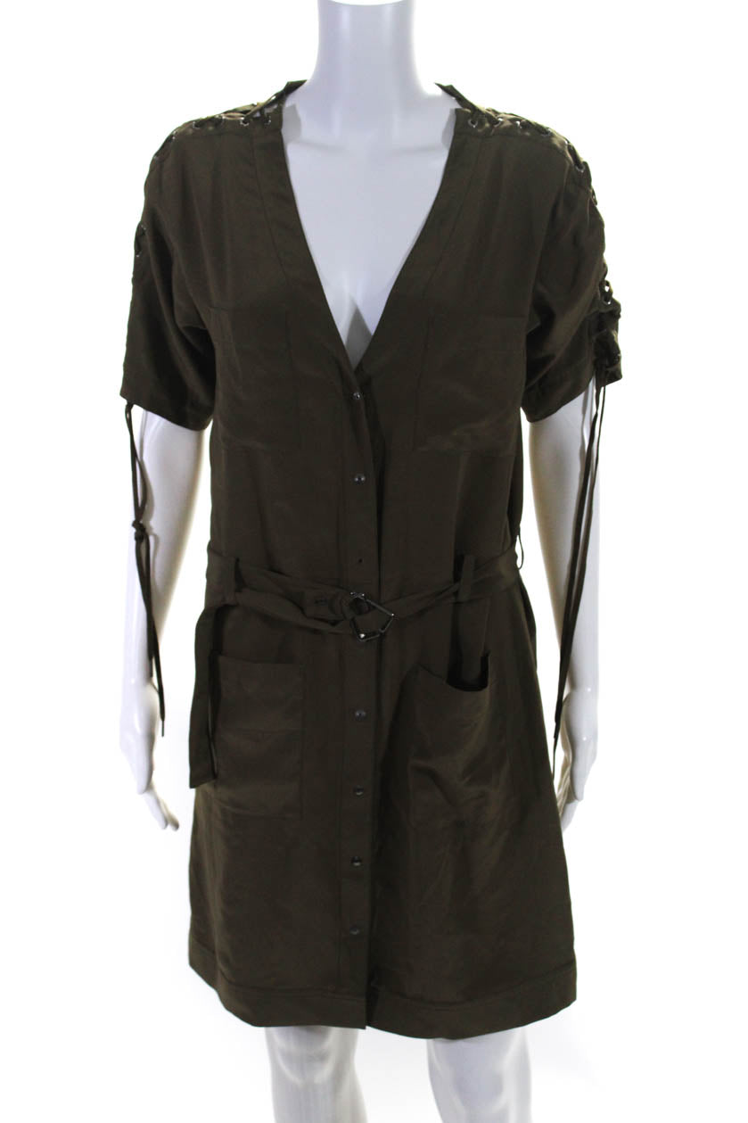 Chloe Womens Silk V Neck Short Sleeves Button Down Dress Khaki Green