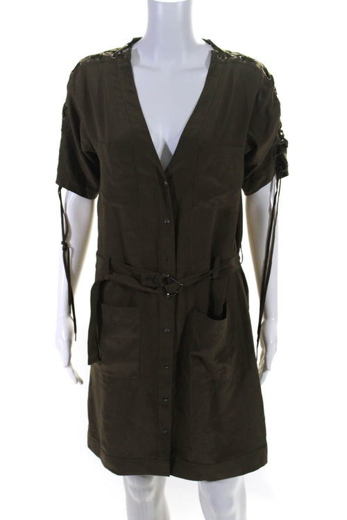 Chloe Womens Silk V Neck Short Sleeves Button Down Dress Khaki Green