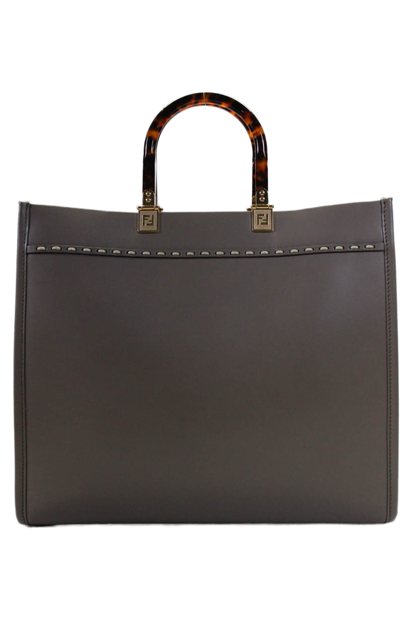 Fendi Womens Large Snakeskin Logo Sunshine Leather Tote Handbag Brown White