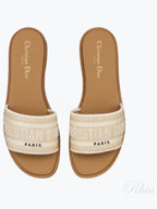 Dway Embroidered Cotton Raffia Slippers Natural White Dior