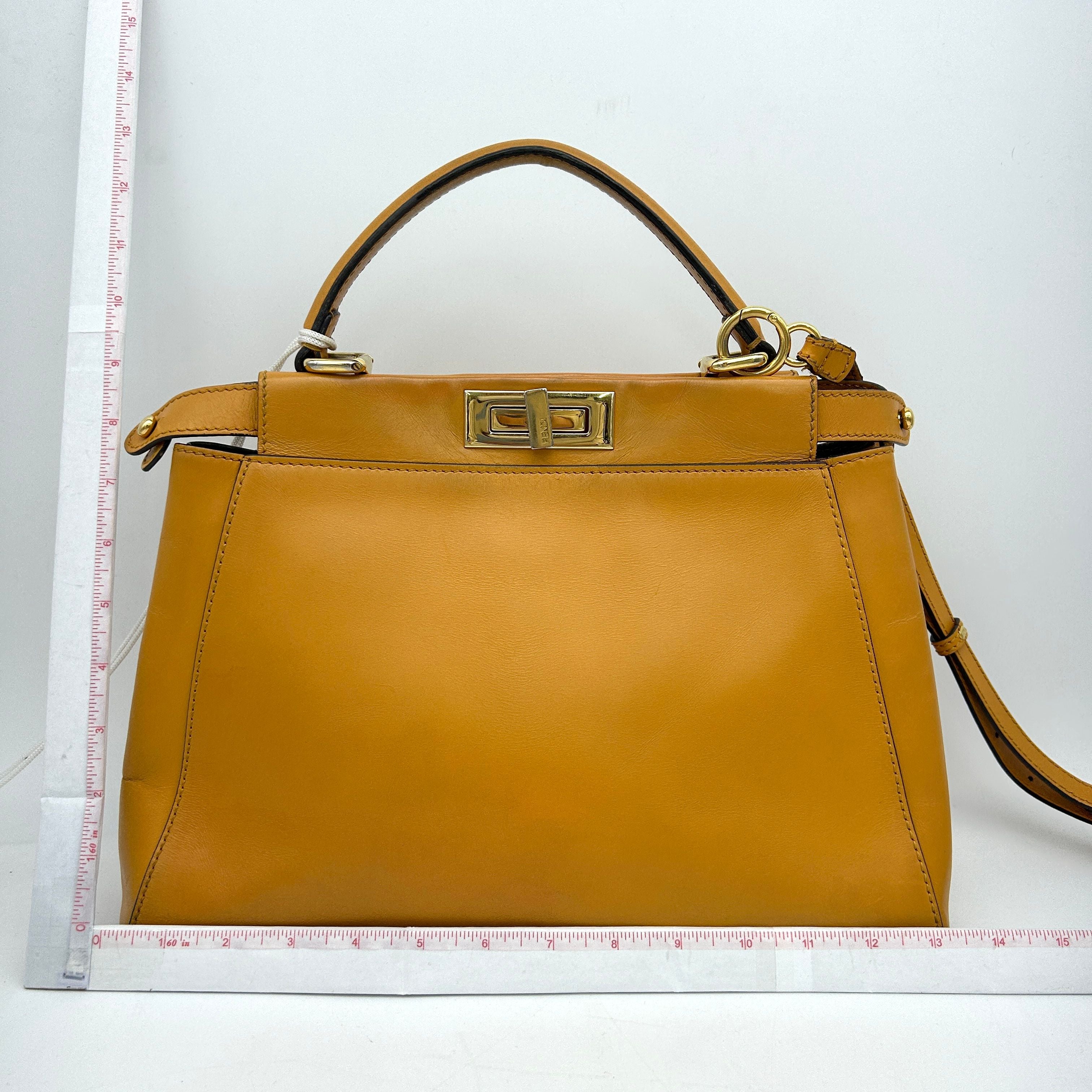 FENDI Vitello Zucca Medium Peekaboo Iconic Satchel Yellow Tobacco LA19541
