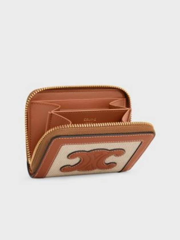 CELINE Compact Zipper Cuir Triomphe Textile Calfskin Coin Wallet Natural Tan